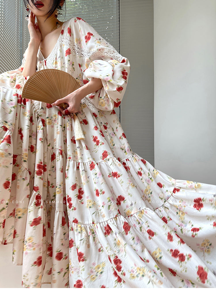 Aconiconi Luxury Yellow V-Neck Print Long Sleeve Loose Resort Dress- Huaye Mucheng