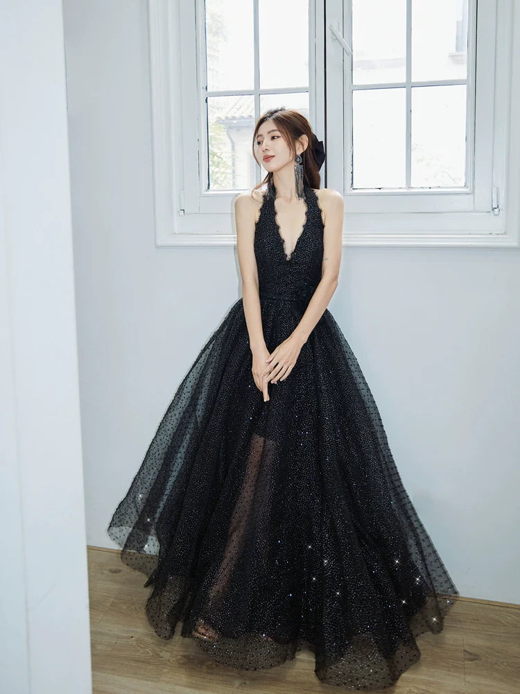 DOLLY Elegant Black French Style Polka Dot V-Neck Sleeveless Long Banquet Dress-IIENA
