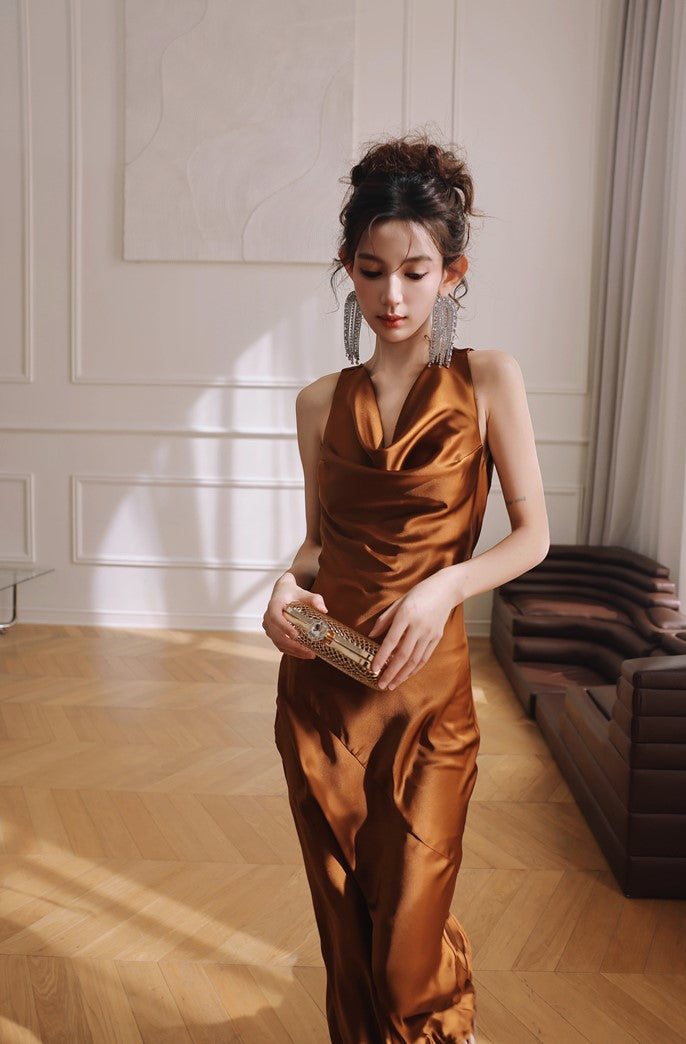 DOLLY Elegant Brown Retro Sleeveless Halter Neck Long Cocktail Dress-GIDDY