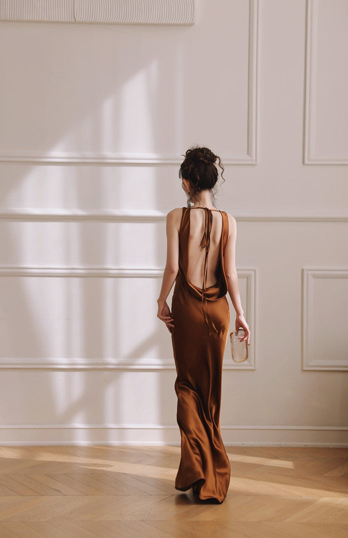 DOLLY Elegant Brown Retro Sleeveless Halter Neck Long Cocktail Dress-GIDDY