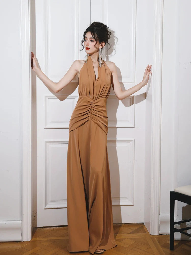 DOLLY Elegant Caramel Brown French Style Sleeveless Halter Collar Long Dinner Dress-PRIME (V)