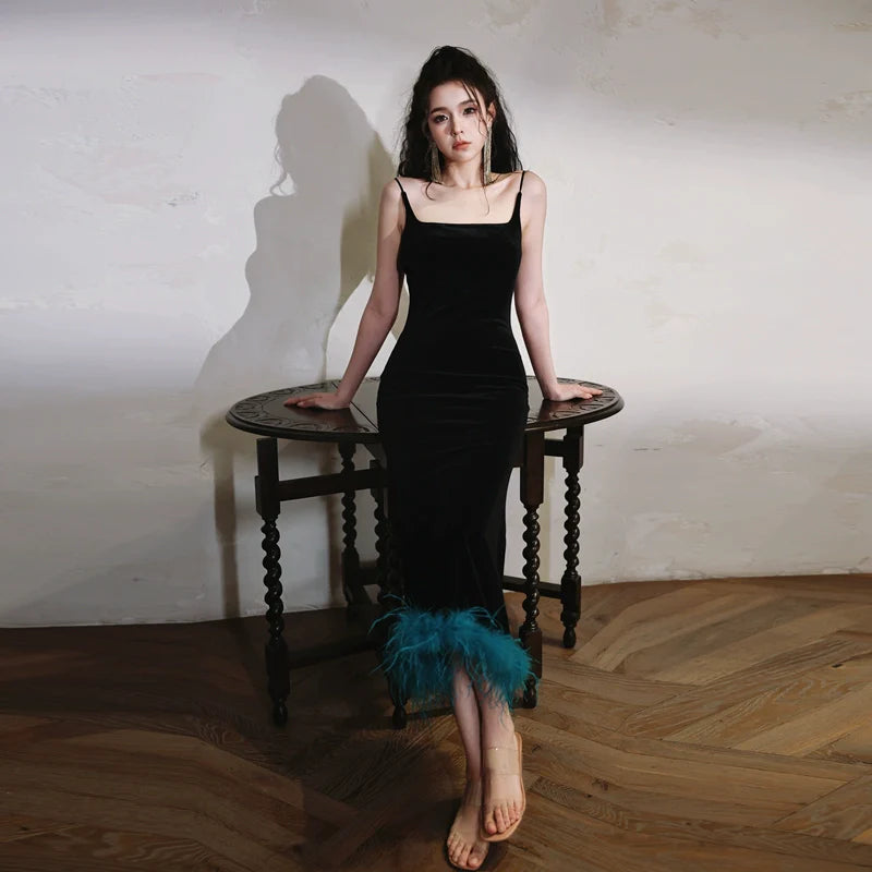 DOLLY Elegant Black Retro Sleeveless Velvet Midi Green Feather Date Dress-ZANIE (V)