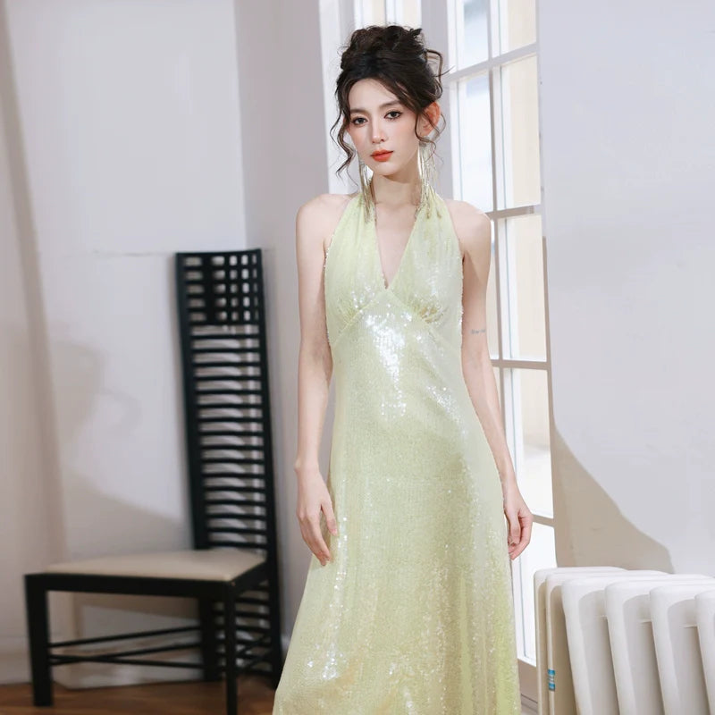 DOLLY Luxury Lemon Yellow Sequin Halter Neck Backless Short Birthday Dress-NELLIE