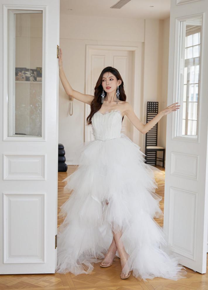 DOLLY Luxury White Feather Tube Top Sleeveless Trail Wedding Dress-ATHINA