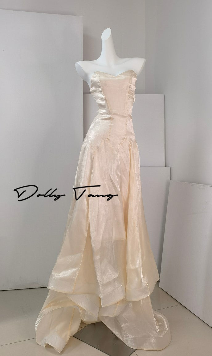 DOLLY High End Cream Sleeveless satin slip flow Wedding Dress-SONNI