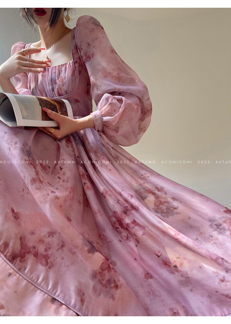 Aconiconi| French dress printed fairy long sleeves dress -Begonia Never Sleeps