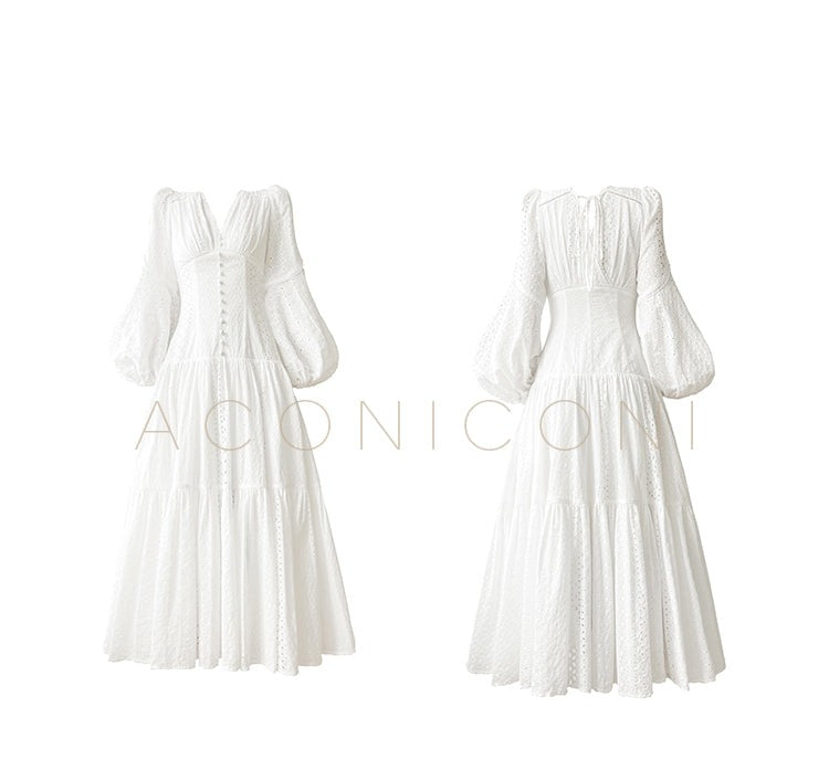 Aconiconi| French coffee break lace cotton white dress - Smoke