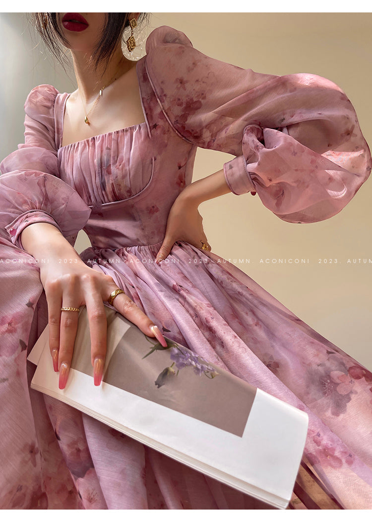 Aconiconi| French dress printed fairy long sleeves dress -Begonia Never Sleeps