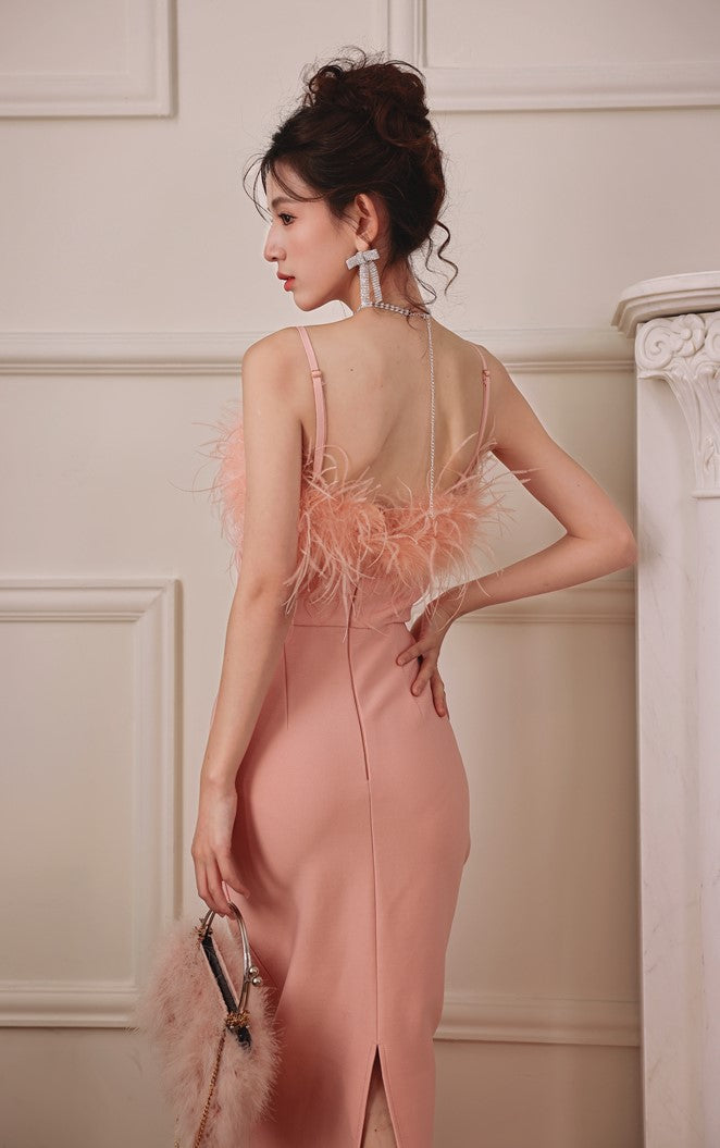DOLLY Luxury Peach Pink Feather Tube Top Long Dinner Date Dress-VERO