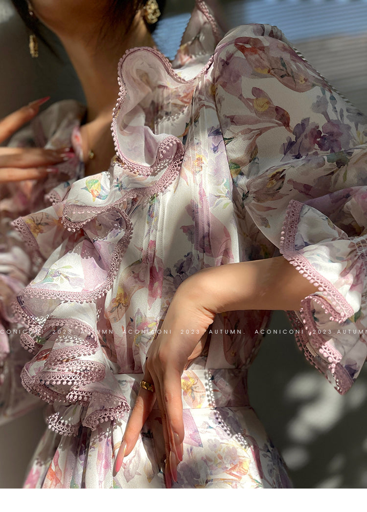 Aconiconi| High end designer printed top shirt + A-line skirt suit - Hyacinth