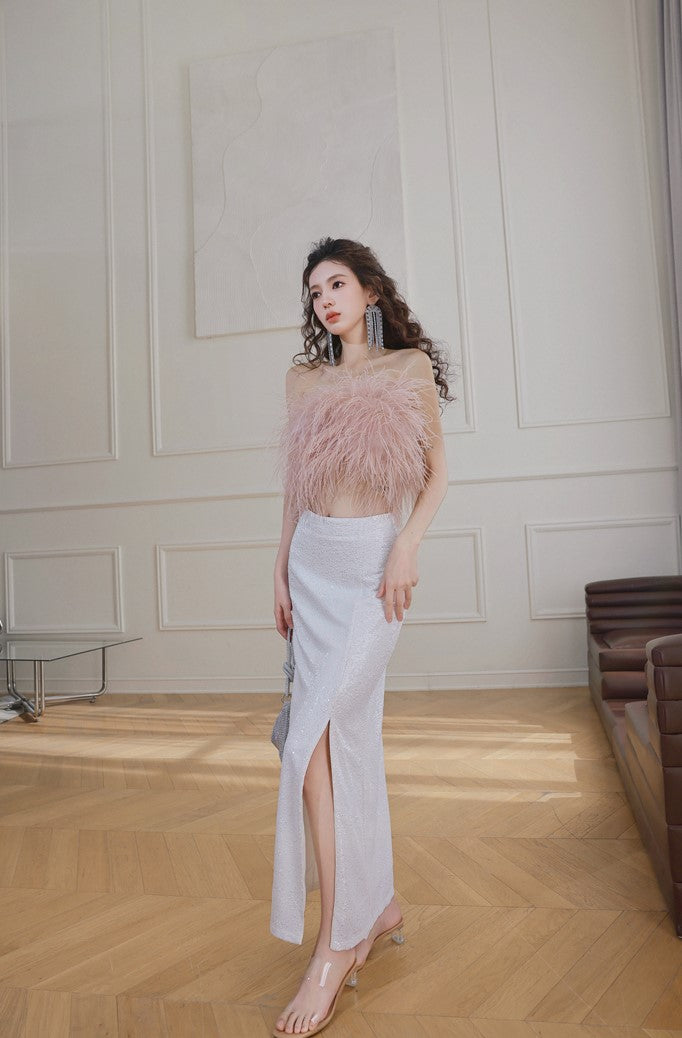DOLLY Elegant Pink Fluffy Ostrich Feather Chic Tube Top-EMMA