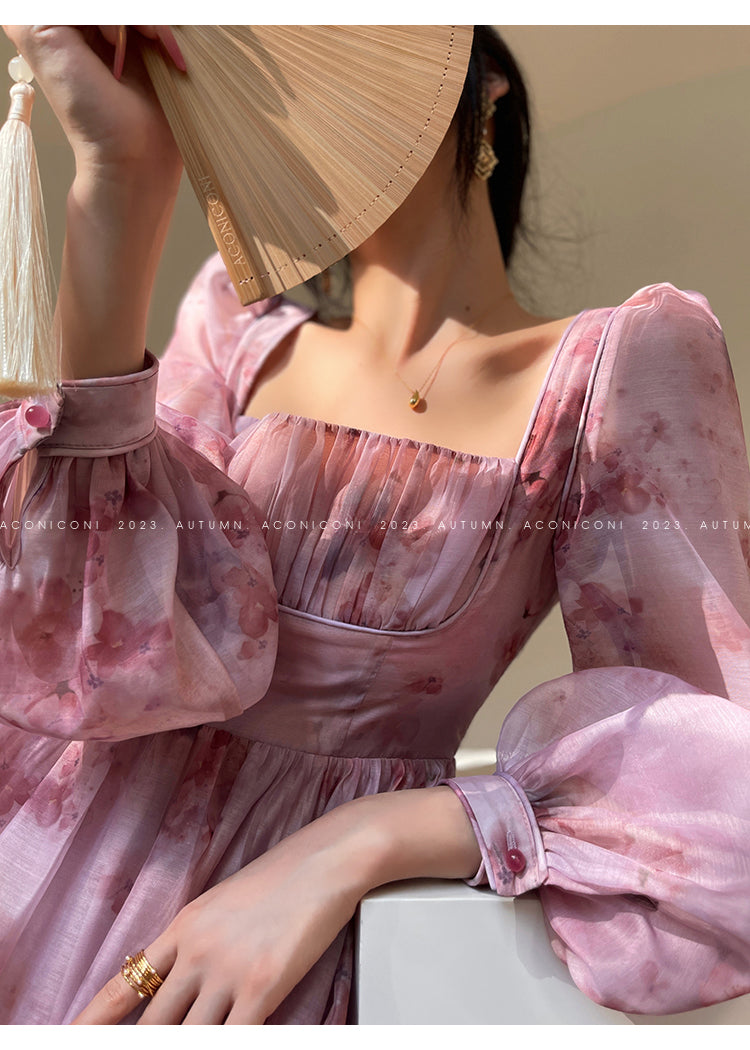 Aconiconi| French dress printed fairy long sleeves dress -Begonia Never Sleeps