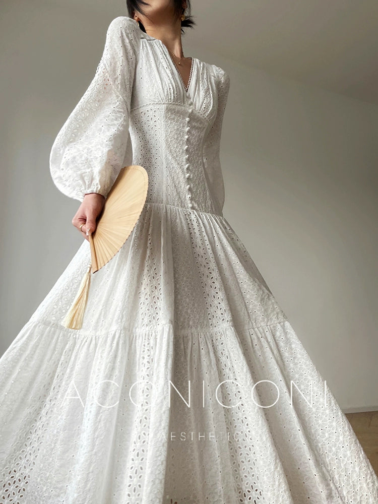 Aconiconi| French coffee break lace cotton white dress - Smoke