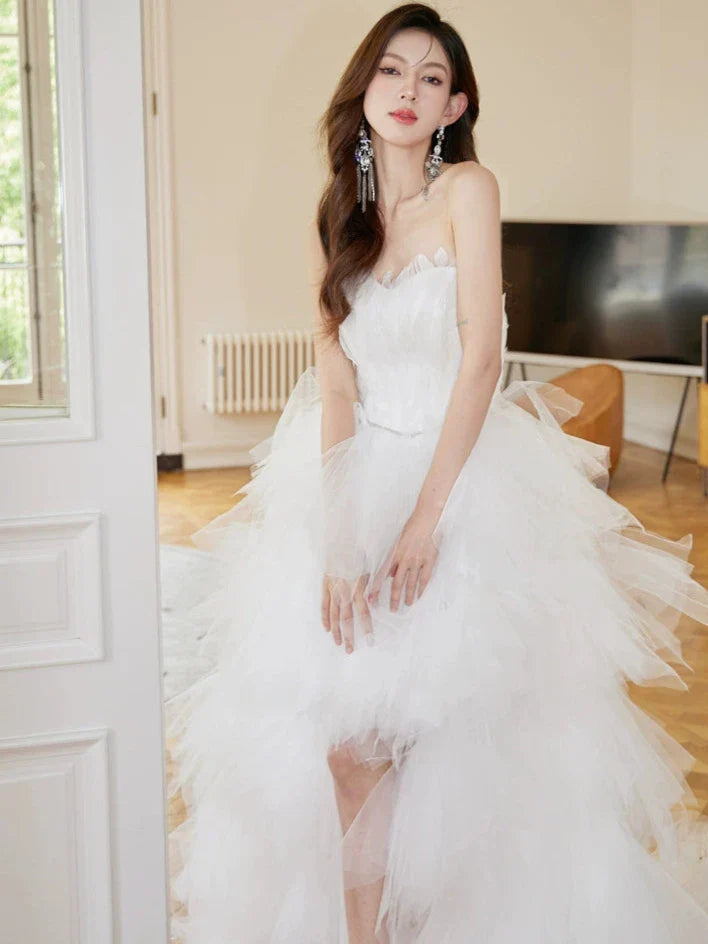 DOLLY Luxury White Feather Tube Top Sleeveless Trail Wedding Dress-ATHINA