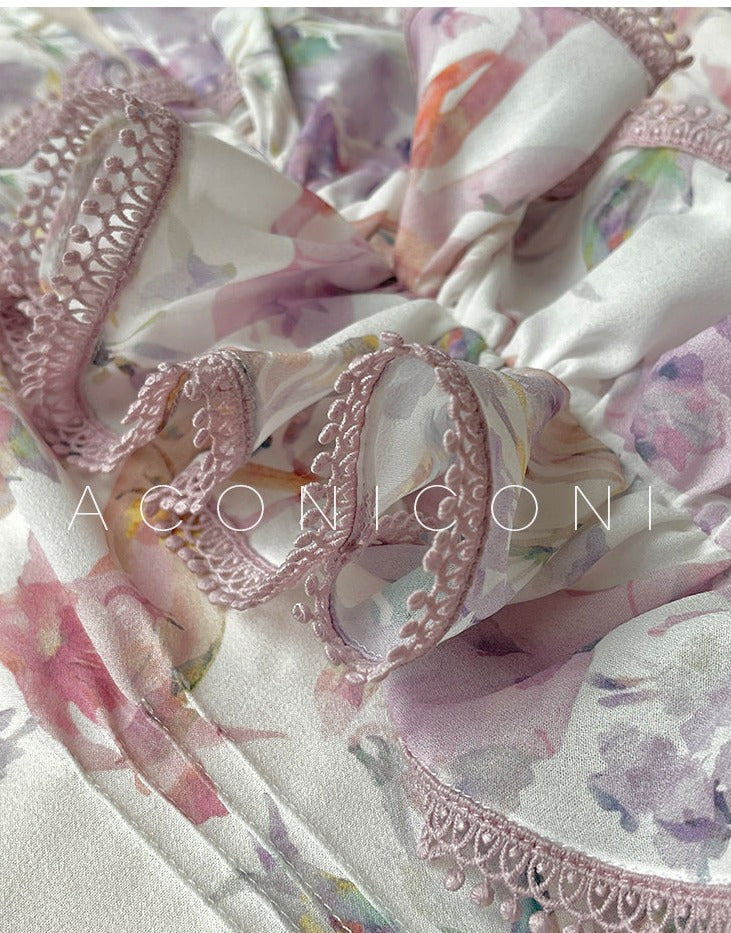 Aconiconi| High end designer printed top shirt + A-line skirt suit - Hyacinth
