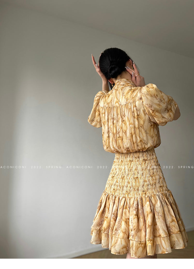 Aconiconi V-Neck Short Sleeve Dress- Pineapple Tower