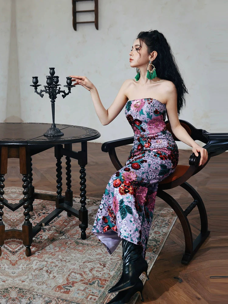 DOLLY Luxury Retro Purple Floral Embroidered Tube Top Long Sequin Party Dress-JOY