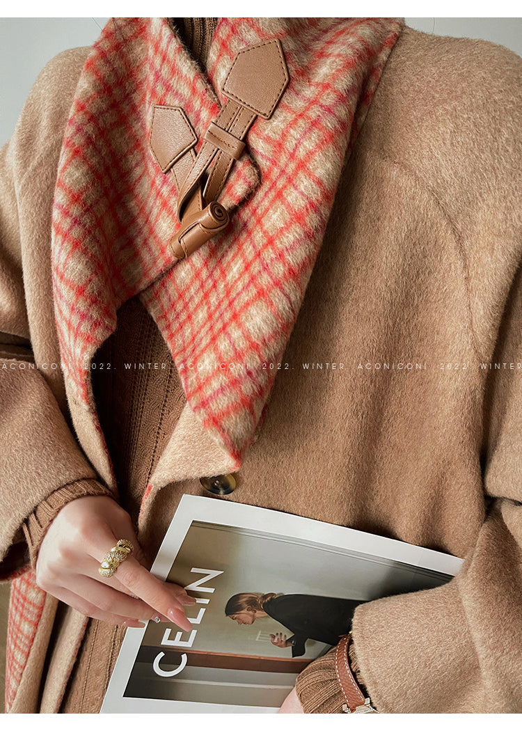 Aconiconi| All-Wool Double-Sided Plaid Checkered Long Coat Winter- Cardamom