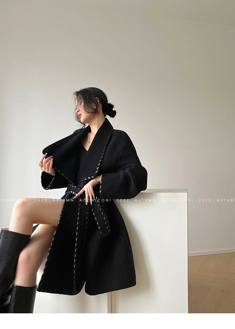 Aconiconi| Full wool coat classic double-sided wool woven belt coat -Nocturne