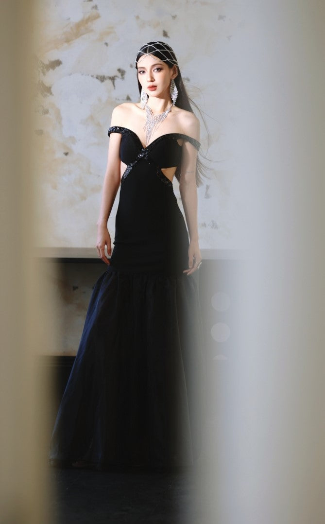 DOLLY High End Black Off Shoulder Sequin Tube Top Long Banquet Dress-Maris