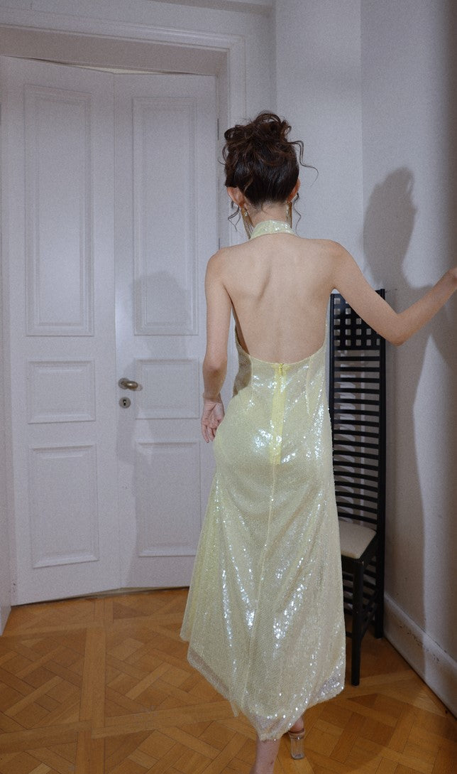 DOLLY Luxury Lemon Yellow Sequin Halter Neck Backless Short Birthday Dress-NELLIE
