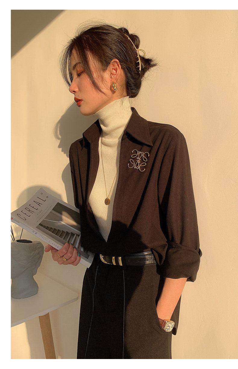 White V-neck v neck shirt long-sleeved shirt -Mmia
