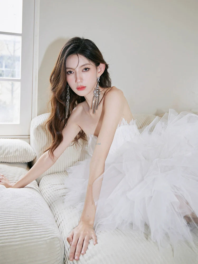 DOLLY Luxury White Feather Tube Top Sleeveless Trail Wedding Dress-ATHINA