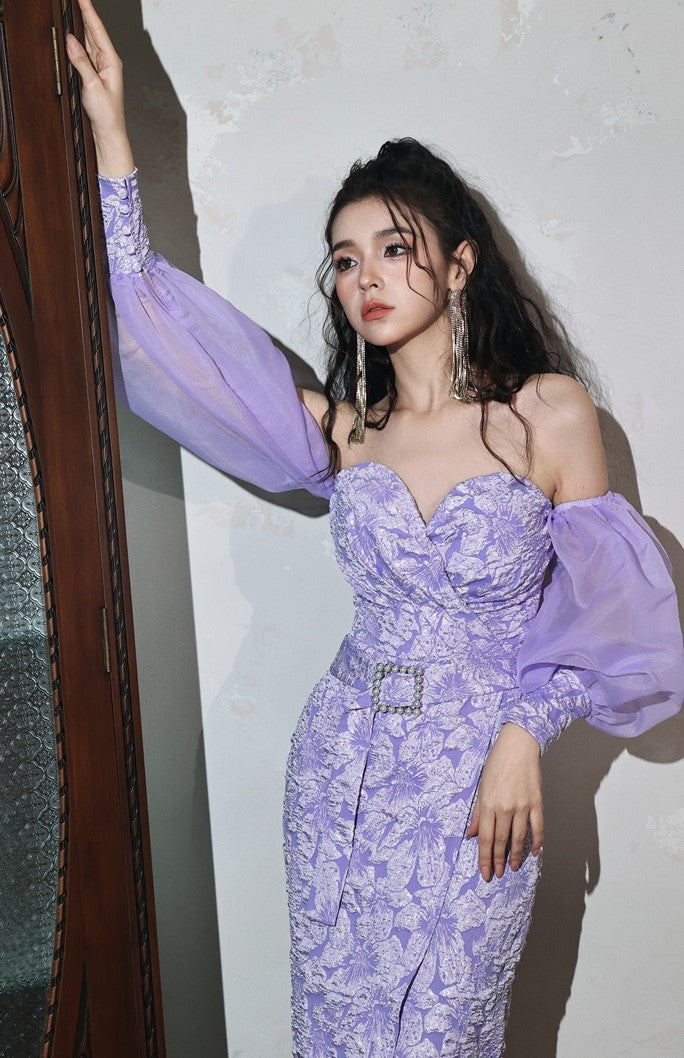 DOLLY Elegant Purple Puff Long Sleeve Off Shoulder Dinner Dress-GRISLLE