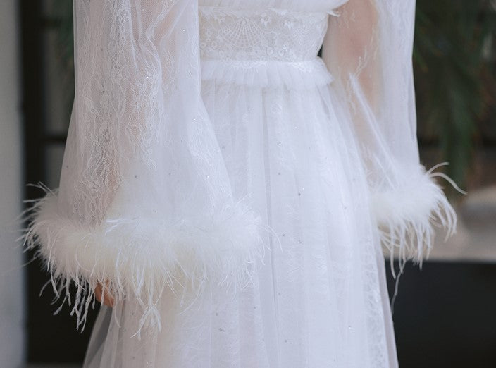DOLLY Elegant White Deep V-Neck Lace Feather Bell Sleeves Long Robe Dress-ZOBA (V)*
