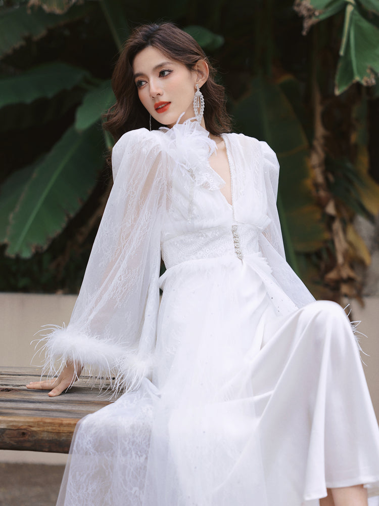 DOLLY Elegant White Deep V-Neck Lace Feather Bell Sleeves Long Robe Dress-ZOBA (V)*