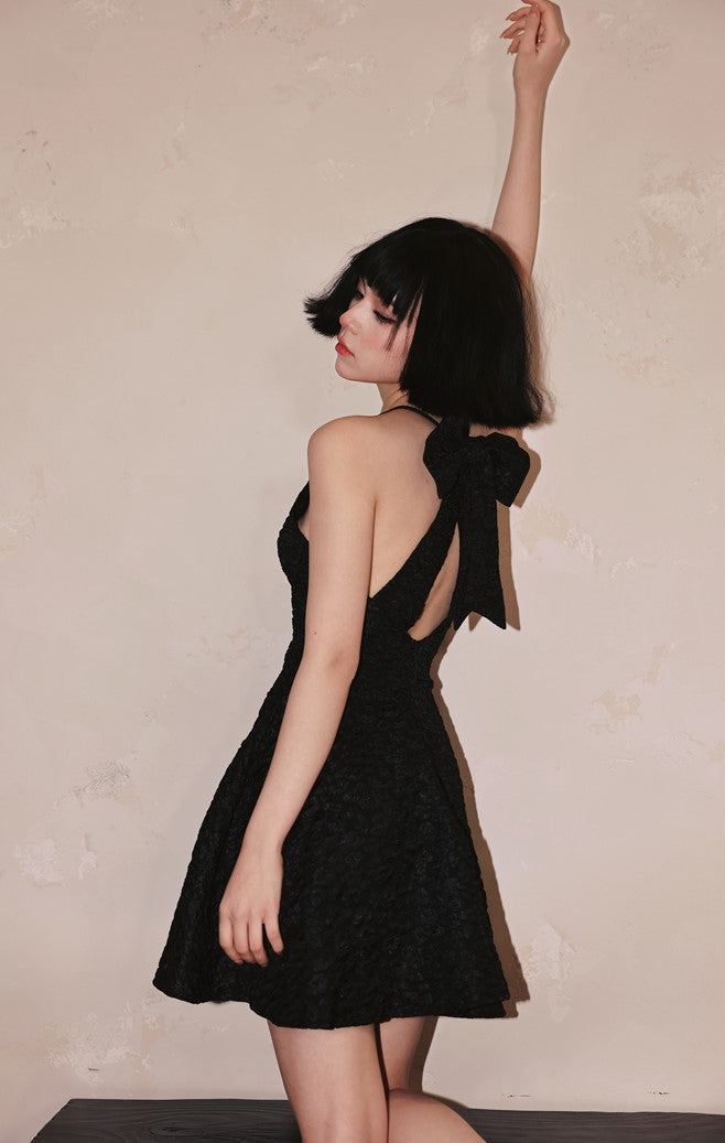 DOLLY Luxury Black Bow Halter Neck Backless High Waist Short Birthday Dress-Crystal