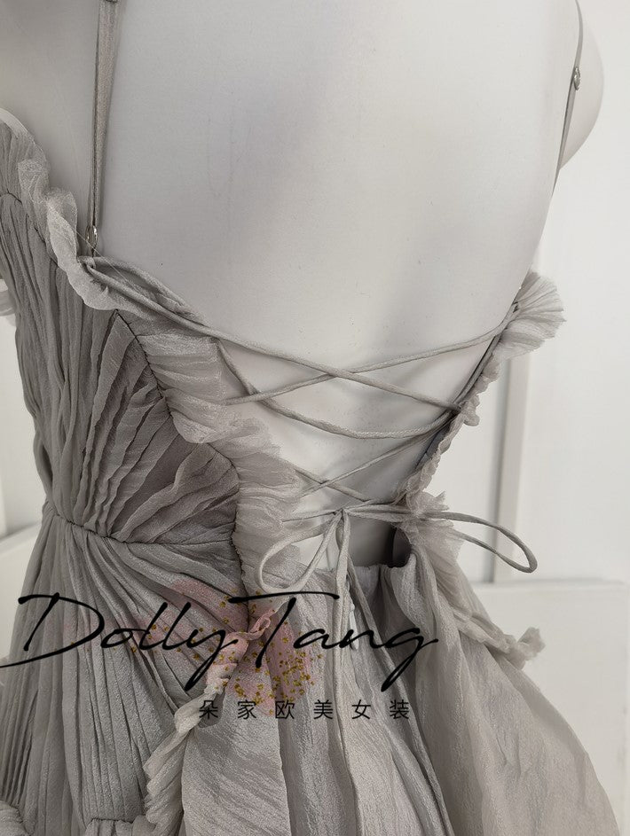 DOLLY Elegant Gray V-Neck Sleeveless Pleated Bandage Banquet Dress-MENA
