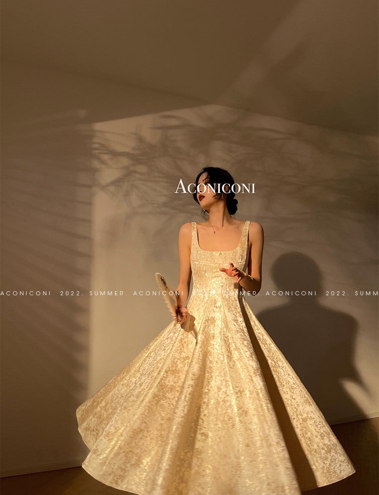 Aconiconi Light luxury gilt French jacquard midi Bridal dress - Twilight