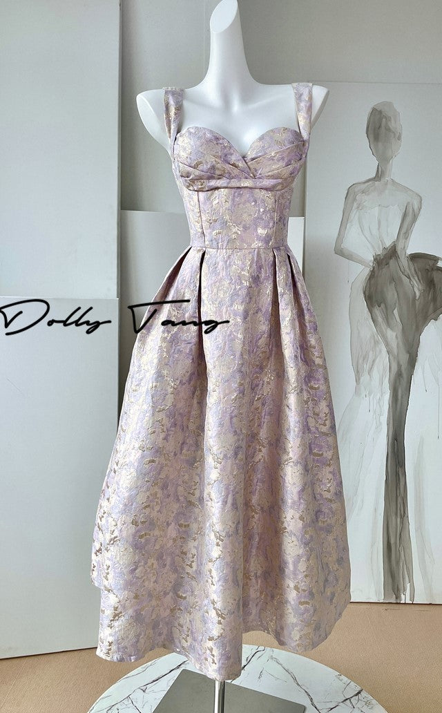 DOLLY Elegant Light Blue French High Waist Long A-Line jacquard Dress- Piere