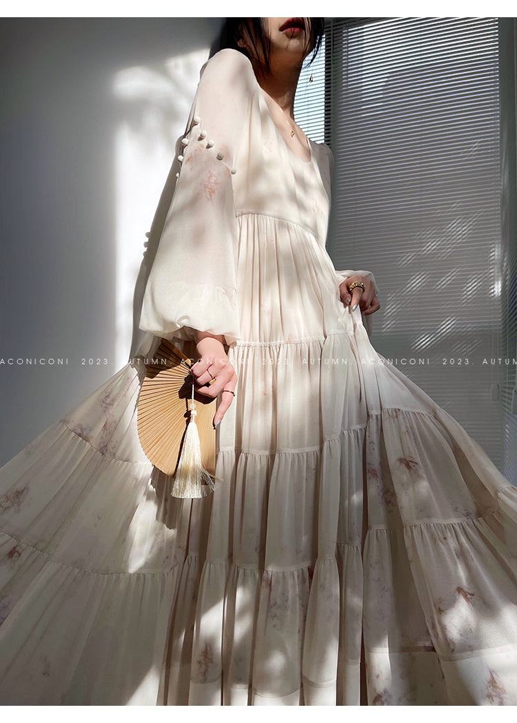 Aconiconi| French print fairy vacation loose chiffon long dress - Huanxi dream