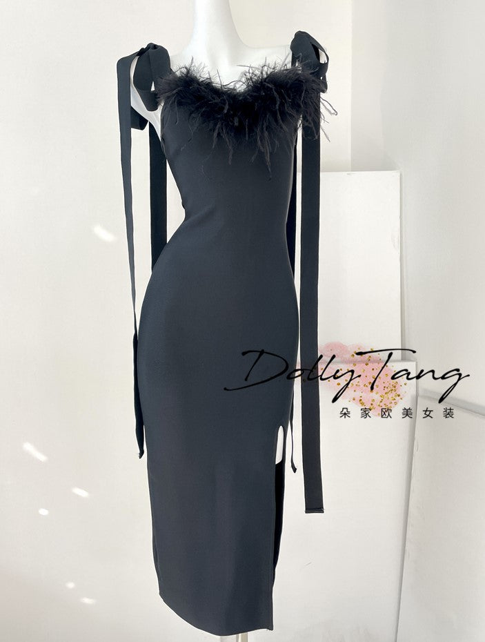 DOLLY Elegant Black French Style Body Shape Suspender Dinner Dress-LENA (V)