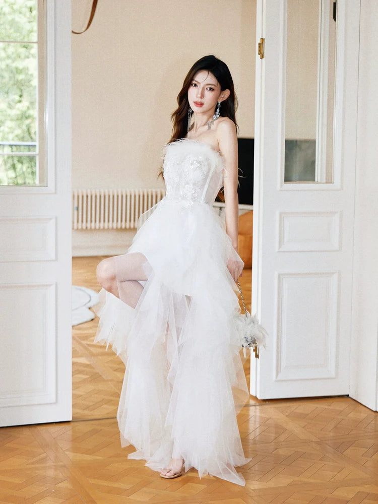 DOLLY Elegant White French Style Feather Chest Wrap Wedding Dress-MARIA (V)