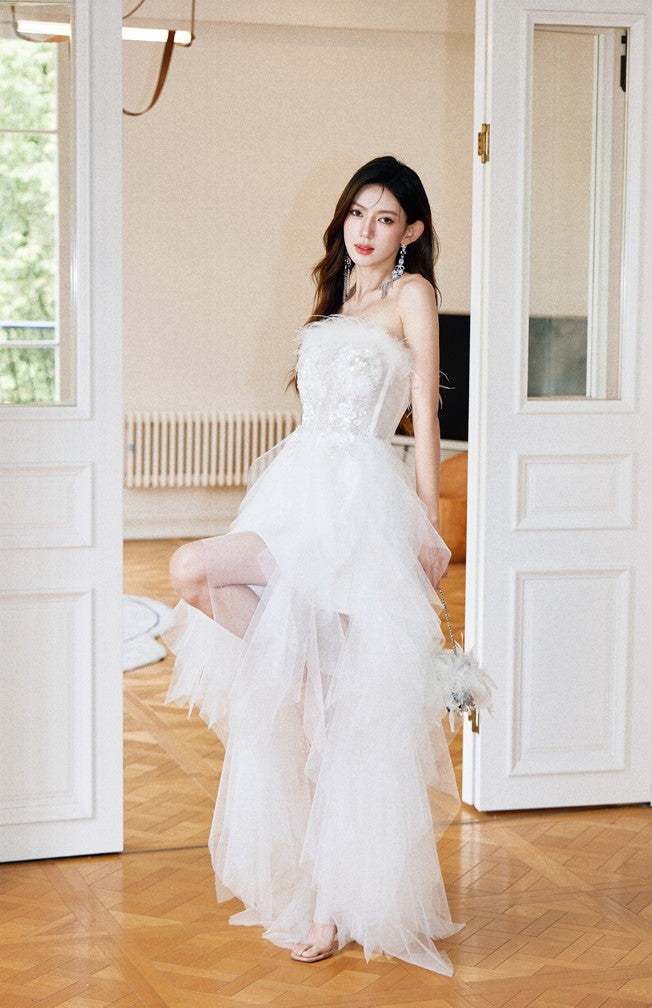 DOLLY Elegant White French Style Feather Chest Wrap Wedding Dress-MARIA (V)