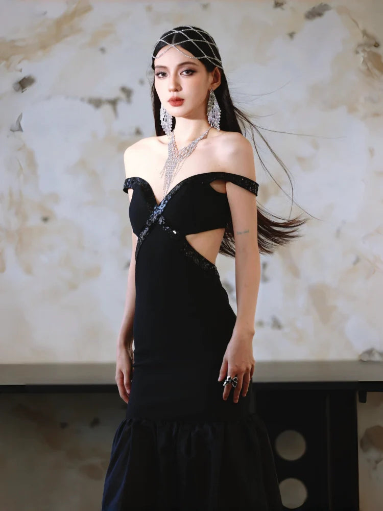 DOLLY High End Black Off Shoulder Sequin Tube Top Long Banquet Dress-Maris