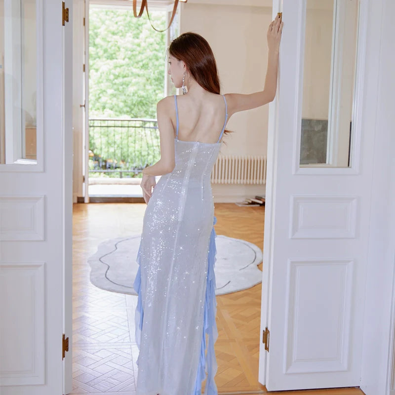 DOLLY Luxury Blue/Pink Sleeveless Sequin Suspender Celebrity Style Dress-FANI