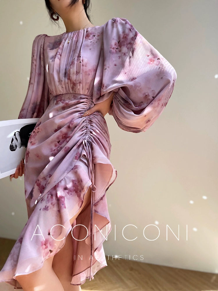 Aconiconi French vintage print high-end fishtail balloon sleeve dress- Mitte