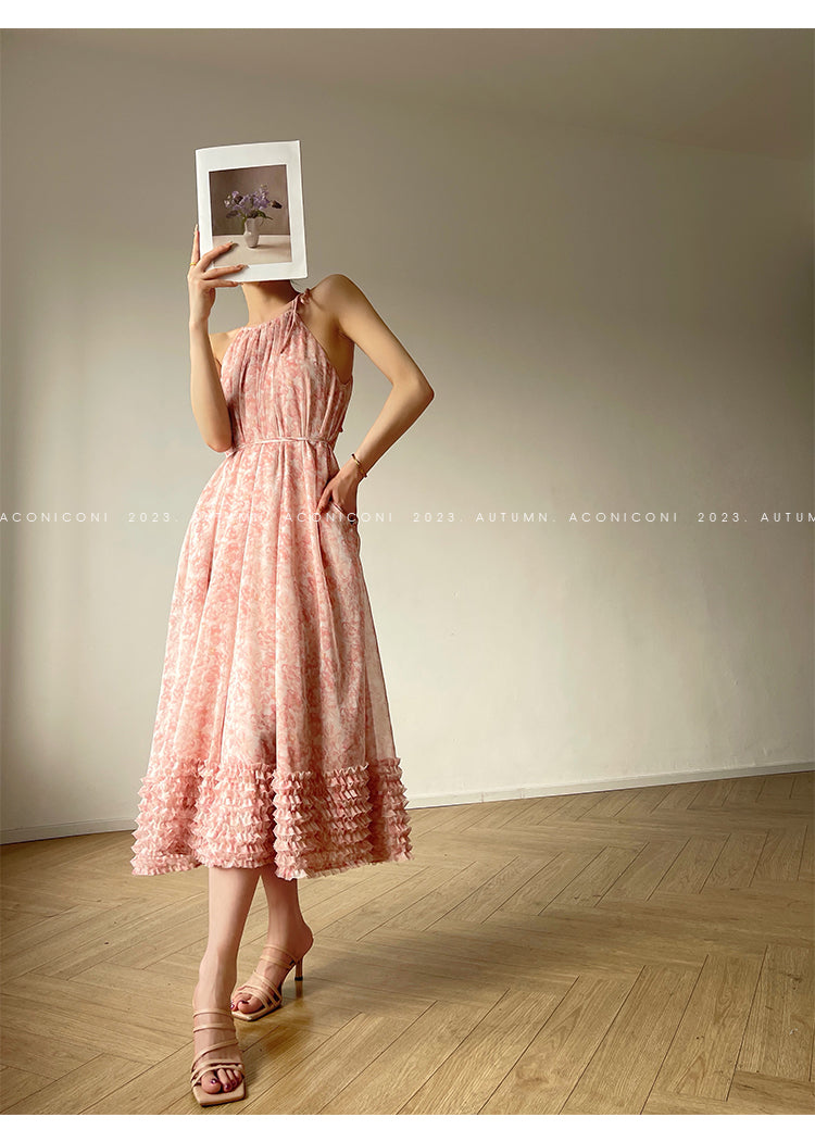 Aconiconi| halter-neck summer broken flowers vacation holiday style fairy dress - cherry blossom