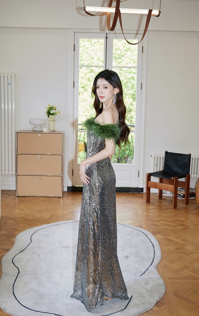 DOLLY Luxury Sliver Retro Style Green Feather Tube Top Long Glitter Party Dress-THEKLA