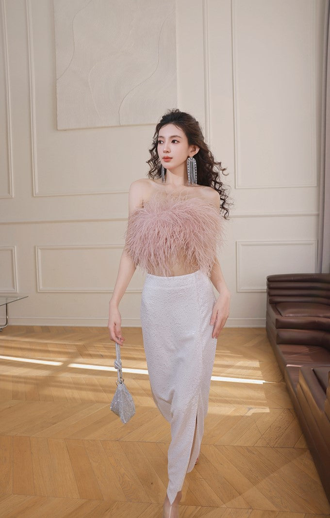 DOLLY Elegant Pink Fluffy Ostrich Feather Chic Tube Top-EMMA