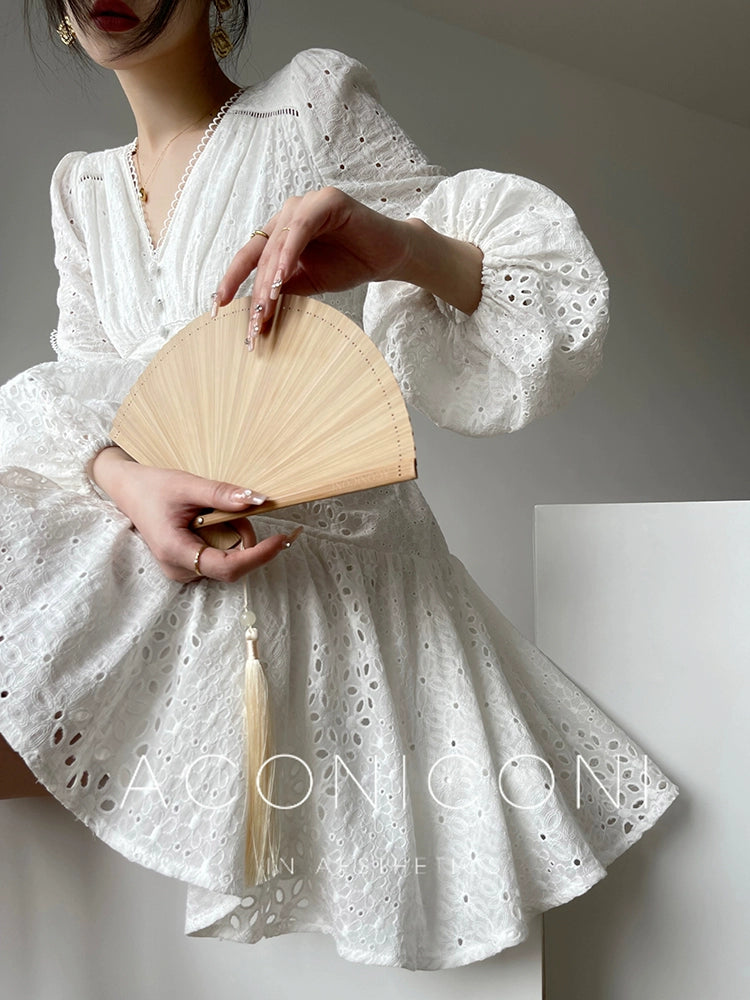 Aconiconi| French coffee break lace cotton white dress - Smoke