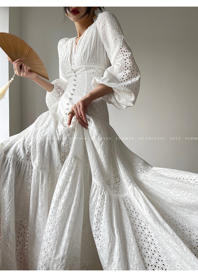 Aconiconi| French coffee break lace cotton white dress - Smoke