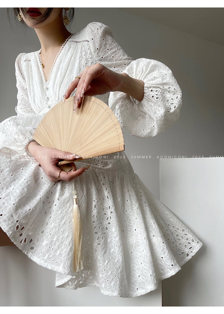 Aconiconi| French coffee break lace cotton white dress - Smoke