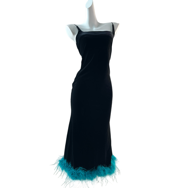 DOLLY Elegant Black Retro Sleeveless Velvet Midi Green Feather Date Dress-ZANIE (V)