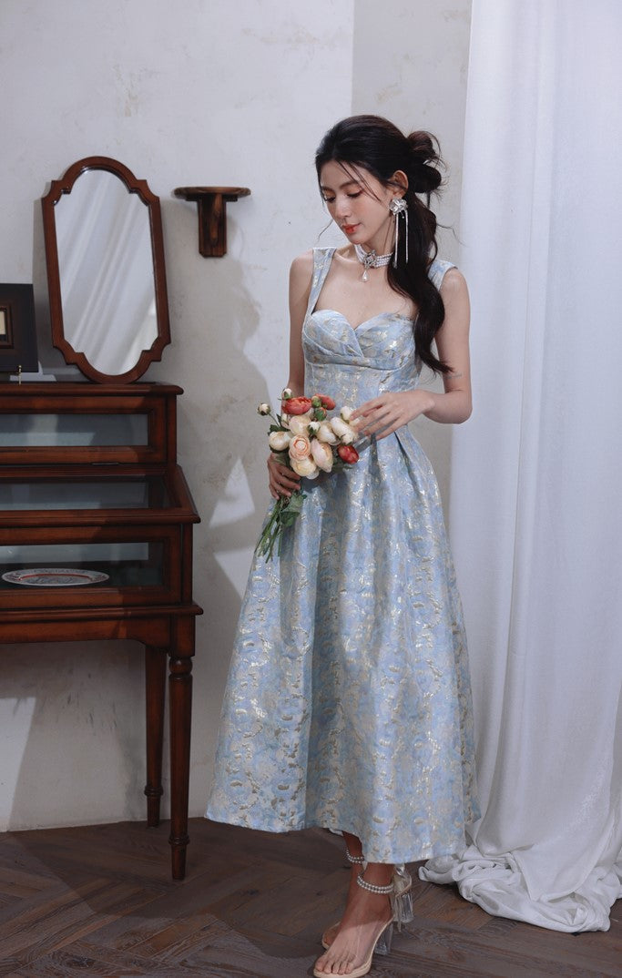 DOLLY Elegant Light Blue French High Waist Long A-Line jacquard Dress- Piere