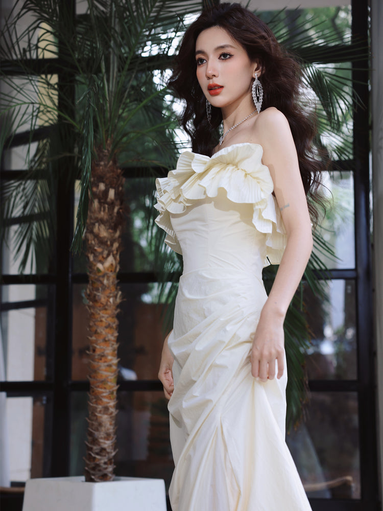 DOLLY Elegant Off White Ruffle Tube Top Long Pleated Wedding Guest Dress-VIVA